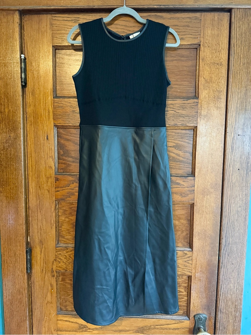 NWT SHOSHANNA Faux Leather Midi Dress Knit Ribbed Top Wrap Skirt Sleeveless M